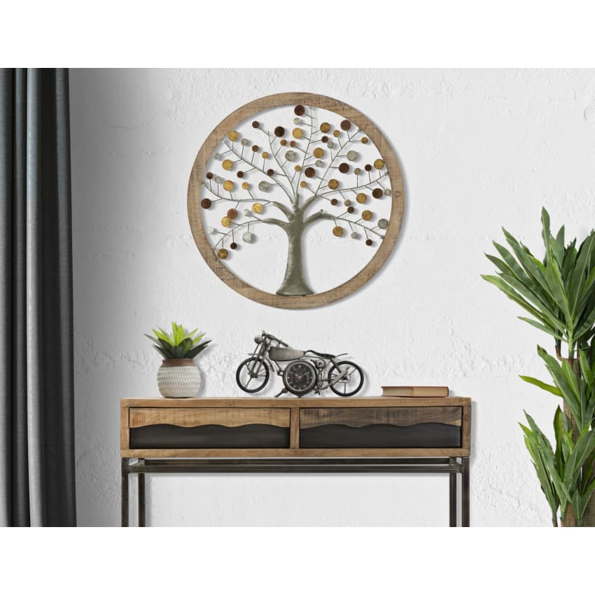 Matches21 Decorazione Albero In Metallo Con Base Legno – Scultura Oro Marrone 30x33x5 Cm