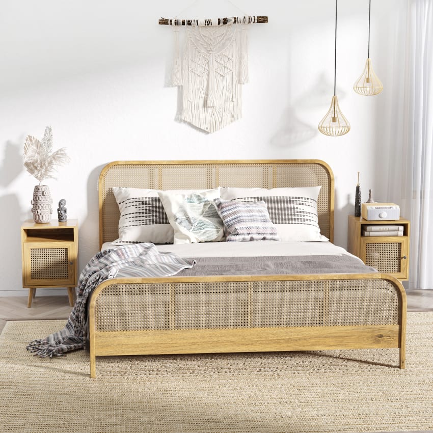 Comodino con cassetto singolo e piano in rattan per soggiorno, camera da letto, 38x38x58,5 cm, Naturale