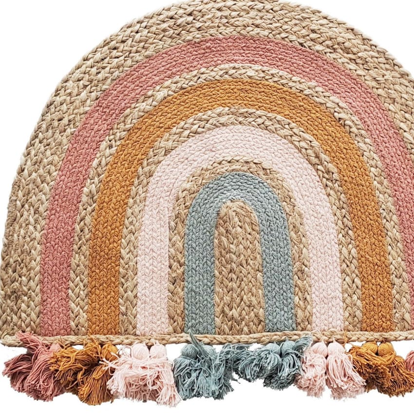 Tapis Rond Enfants 80 Cm – Motif Arc-en-ciel Et Lettres Nordiques – Antidérapant – Pour Chambre, Salle De Jeux