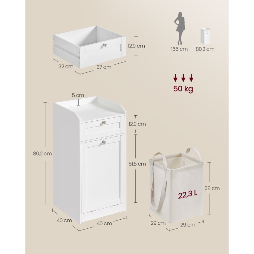 Armoire De Salle De Bain NEL III Cachemire - 2 Portes, Panier à Linge, 174 X 31 X 30 Cm, Meuble Haut Et Sous Lavabo