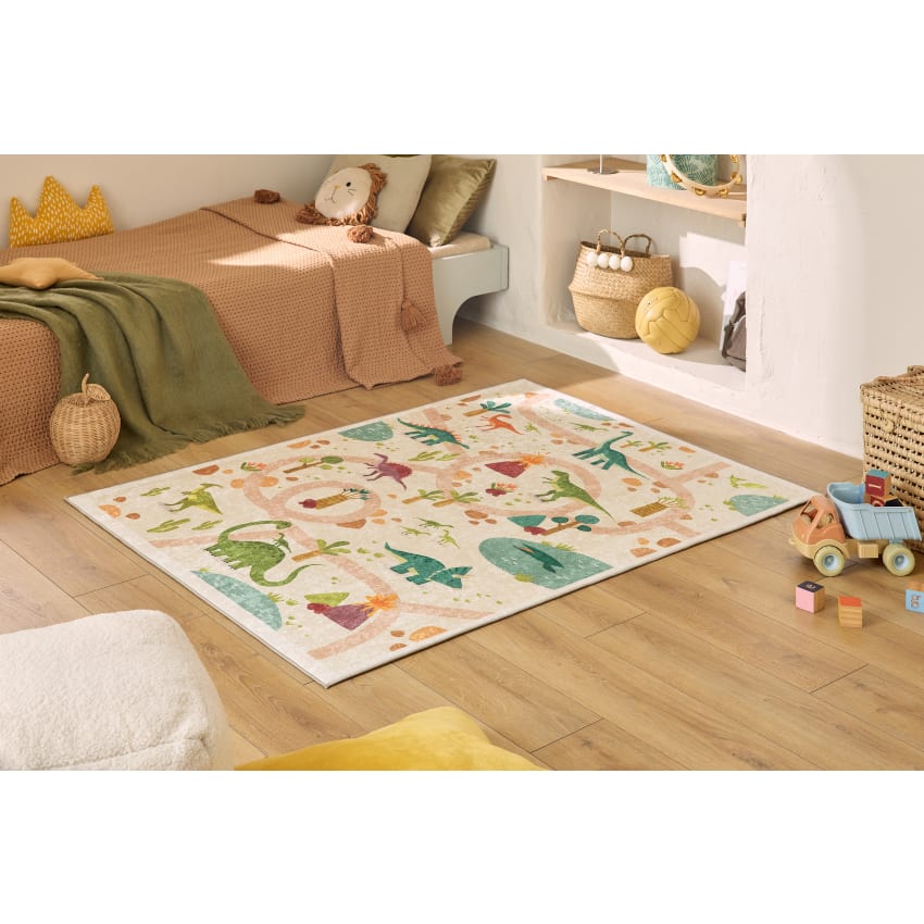 Tapis Dinosaure Lavable En Machine - 80x150 Cm - Décoration Chambre Enfant Crème Et Multicolore