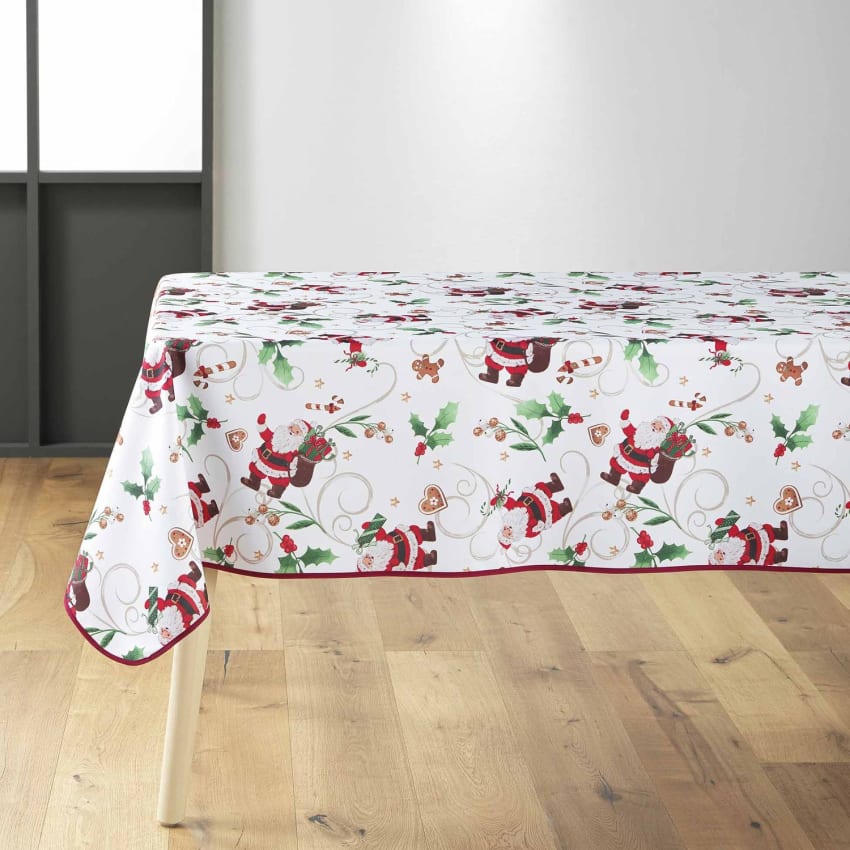 Nappe De Noël Rectangulaire Motifs Houx Et Baies - L. 140 X 360 Cm - Blanc Finition Dorée - Atmosphera