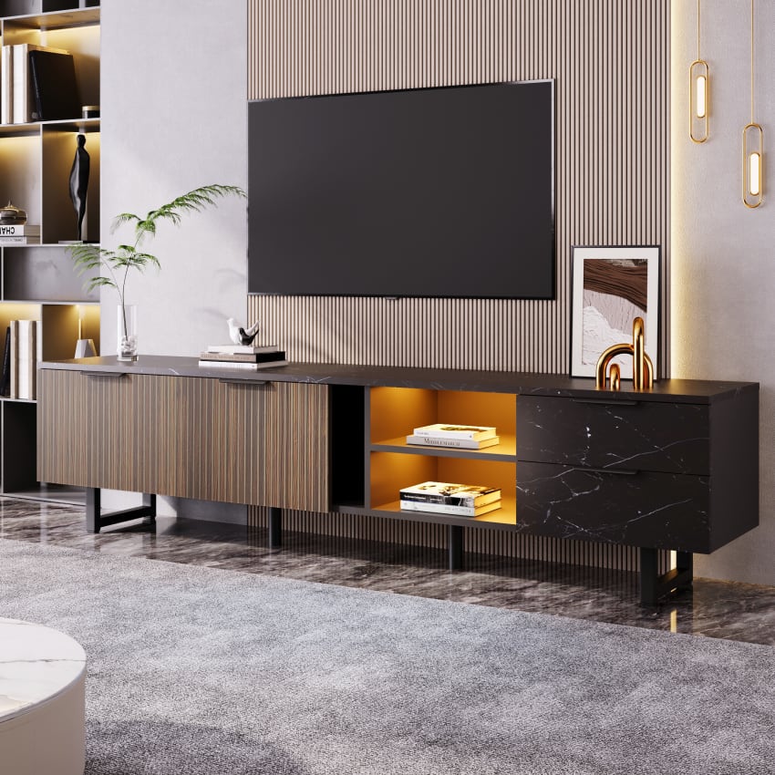Mobile TV Moderno KecDuey 180 Cm – Pannello Lucido Nero, LED Variabili, MDF Resistente, 3 Ante, Per Soggiorno Elegante