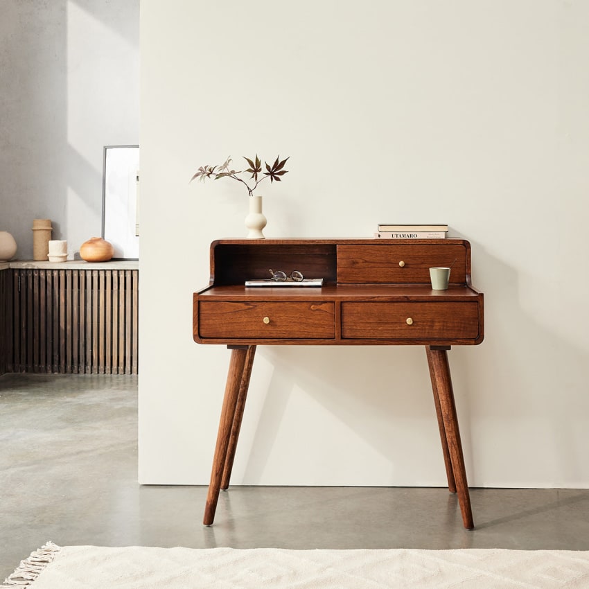 Scrivania Classica In Legno Massello E MDF Con Piano In Ecopelle Noce Lucido (130x65x81 Cm) - Produzione Italiana