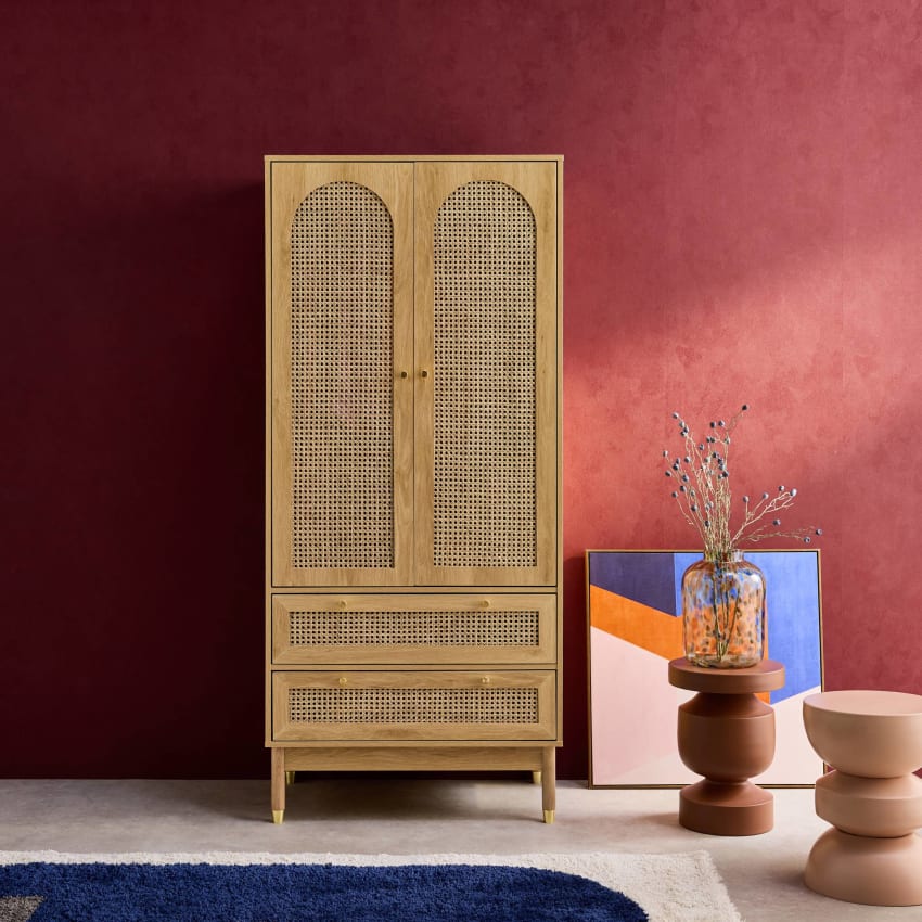 HOMCOM Credenza Bassa Bohémien Con Armadio A 2 Ante In Rattan Intrecciato, Ripiano Regolabile, 80x40x80 Cm, Naturale E Nero, Per Soggiorno E Ingresso - 2