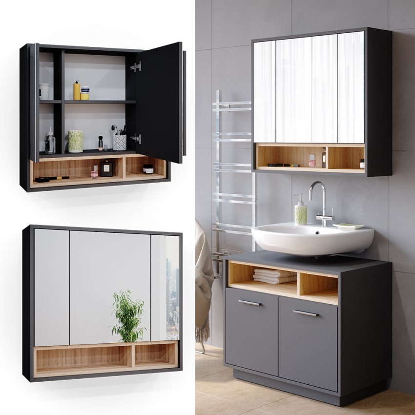 Vicco Armoire De Toilette Gerta Gris/Noir 65x80cm - Meuble Salle De Bain Avec Miroir Et Portes