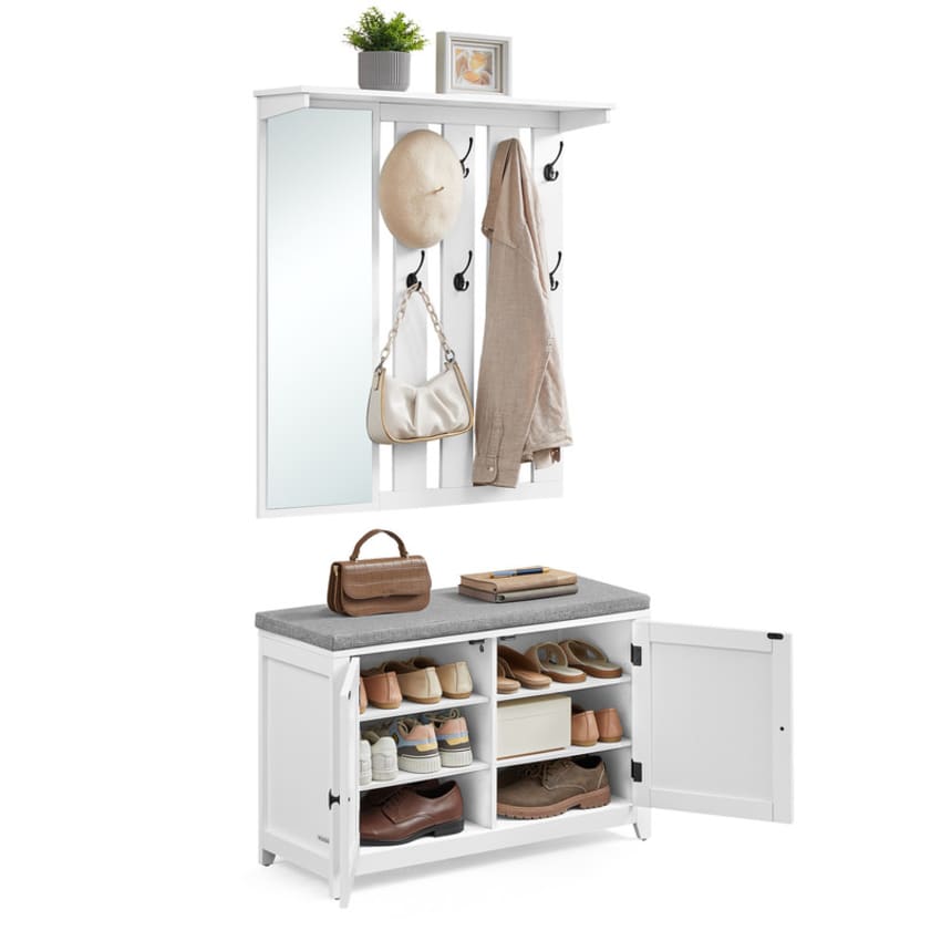 Porte manteau PHOEBE – Design industriel avec banc et étagères, coloris chêne clair et noir