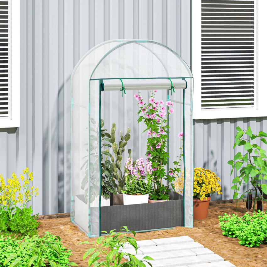 Serre De Jardin Adossée Outsunny – Dimensions 143x118x212 Cm – Bâche PVC Transparente, Châssis Acier – 2 Portes Zippées – Pour Légumes, Plantes, Balcon