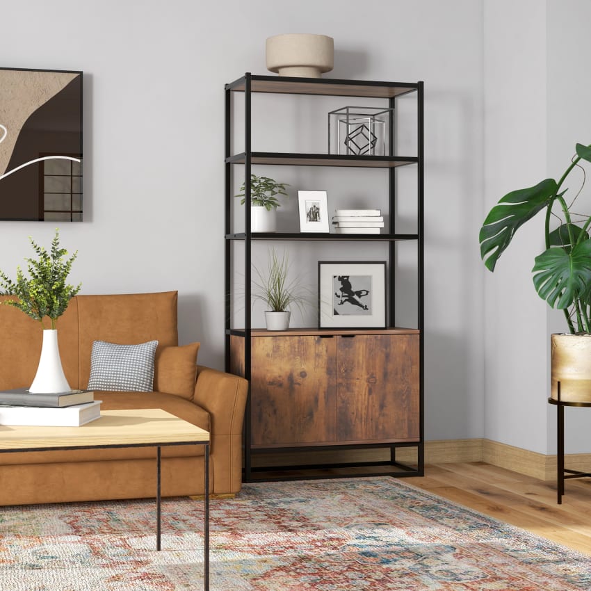 Bently - Libreria con 14 ripiani in metallo marrone vintage e nero