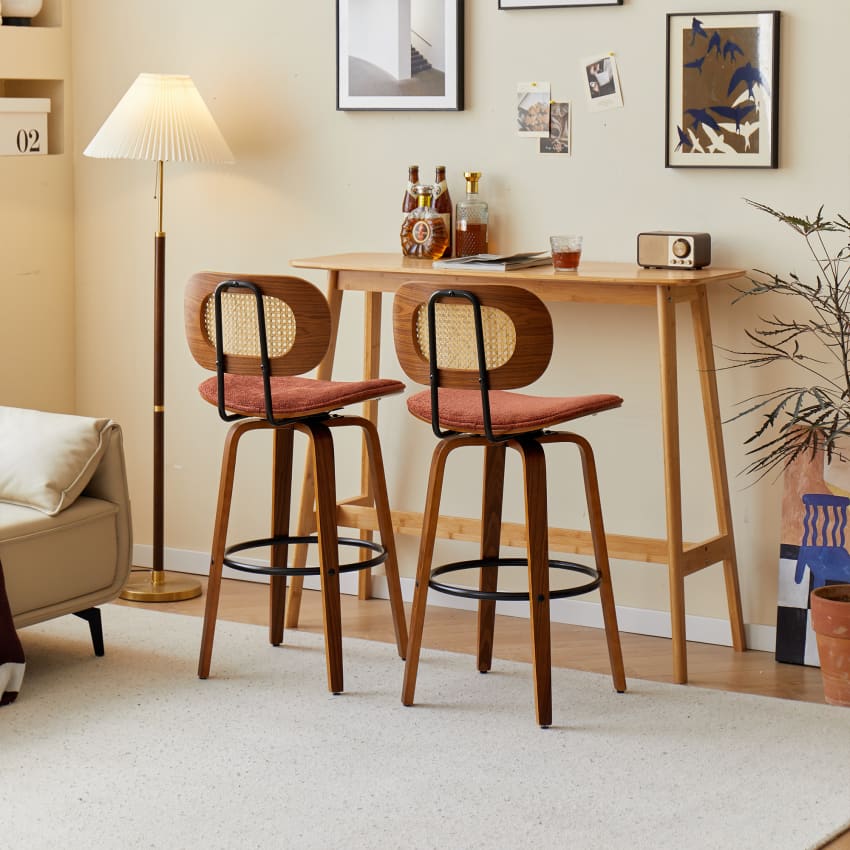 EALSON Set 2 Sgabelli Da Bar Con Schienale In Rattan | Mid-Century Modern Bianco, Gambe In Legno - 2