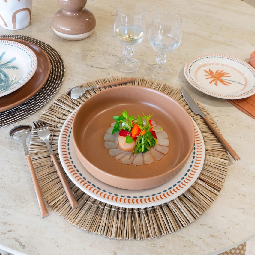 Lot De 6 Assiettes Creuses En Grès Barbade - Aigue-Marine & Bord Marron - Lave-Vaisselle & Micro-Ondes