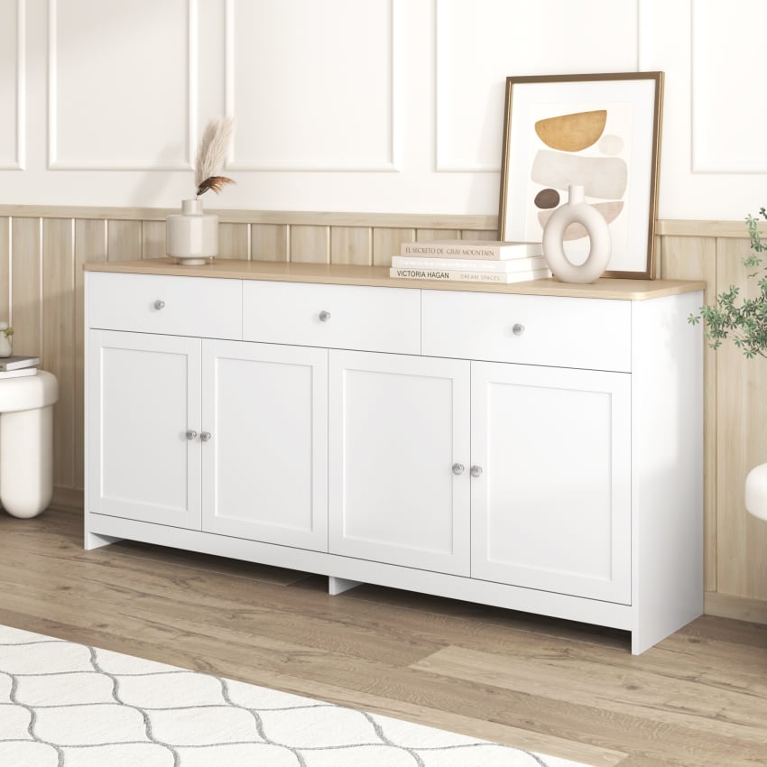 Keyluv Armadietto Da Buffet Bianco, Credenza Con 3 Cassetti