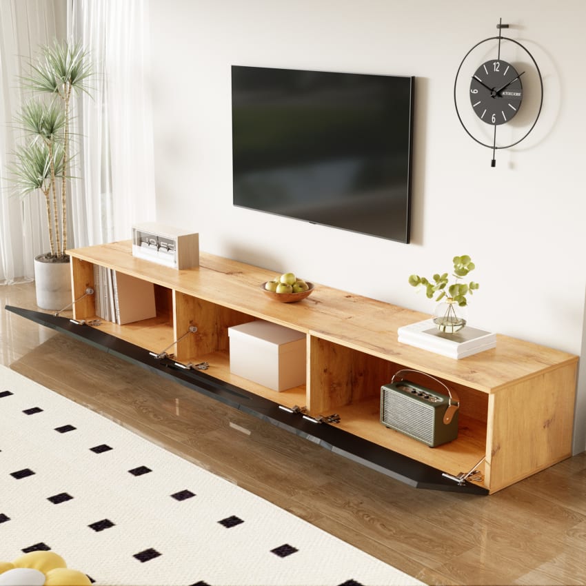 Meuble TV mural noir et blanc suspendu avec rangements Meuble TV mural noir et blanc suspendu avec rangements