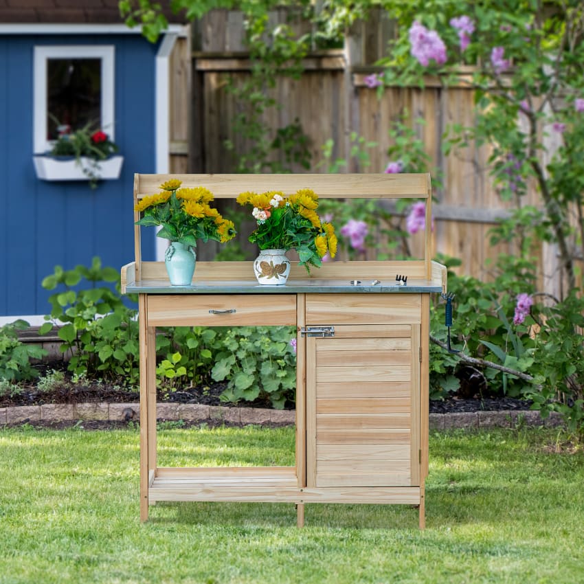 Table De Rempotage Jardin Outsunny - Banc Travail Bois Avec Plateau Métal, Tiroir, étagères, Crochets, 115x45x121 Cm - 11