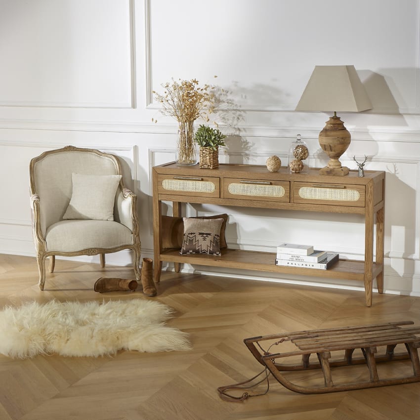 Buffet en bois, meuble avec 3 tiroirs et étagères réglables, porte Buffet en bois, meuble avec 3 tiroirs et étagères réglables, porte