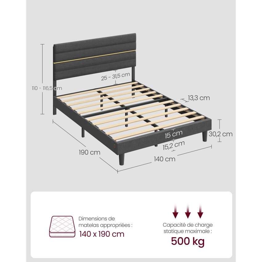 Lit En Métal 140x190 Cm – Noir – Sans Marque – Pour Enfant, Ado Ou Adulte