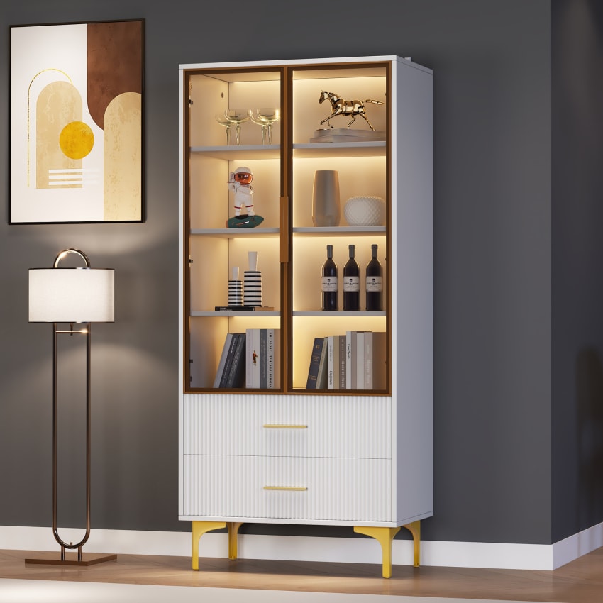 Vitrine Haute Éclairage LED 59,5x35x182cm Blanche - Porte Bois Et Acrylique, 2 Tiroirs, Meuble Salon Moderne