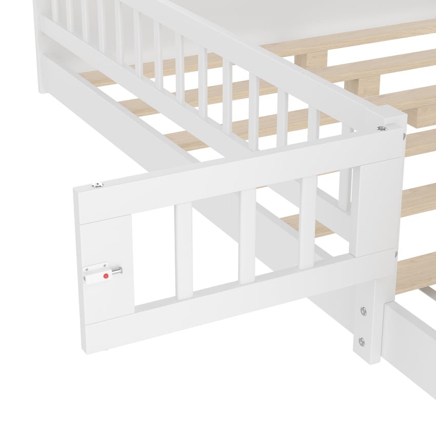 Lettino 140 x 200 cm, struttura letto a terra in legno con recinzione e porta (Bianco