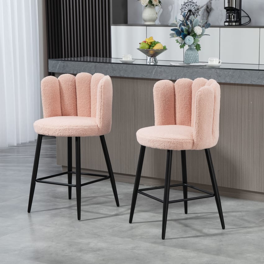 Lot De 2 Tabourets De Bar HOMCOM - Assise Tissu Bouclette, Dossier Courbé, Repose-pieds - Hauteur 68 Cm, Couleur Crème