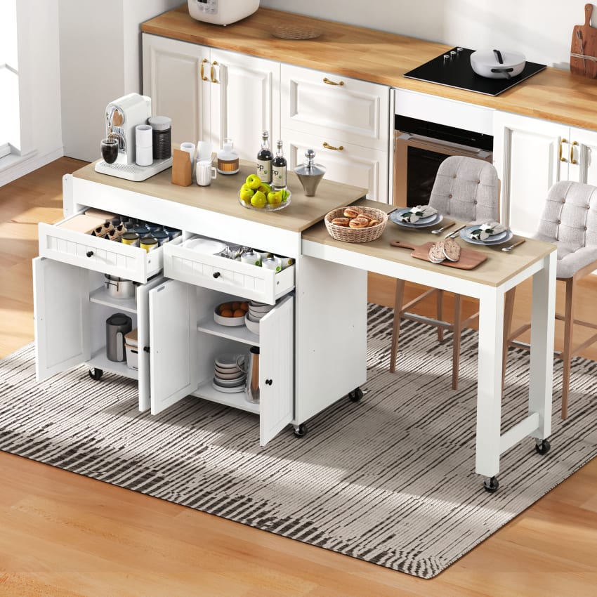 Meuble de cuisine avec rangement - îlot de cuisine multifonction avec 2 portes et 4 tiroirs, mdf et métal - blanc, 137,9x73x92,5 cm Meuble de cuisine avec rangement - îlot de cuisine multifonction avec 2 portes et 4 tiroirs, mdf et métal - blanc, 137,9x73x92,5 cm