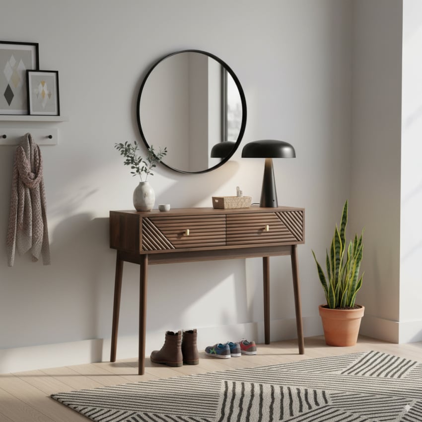 Table de Vanité Ronde TRAHOO - Coiffeuse avec Miroir et Rangements
