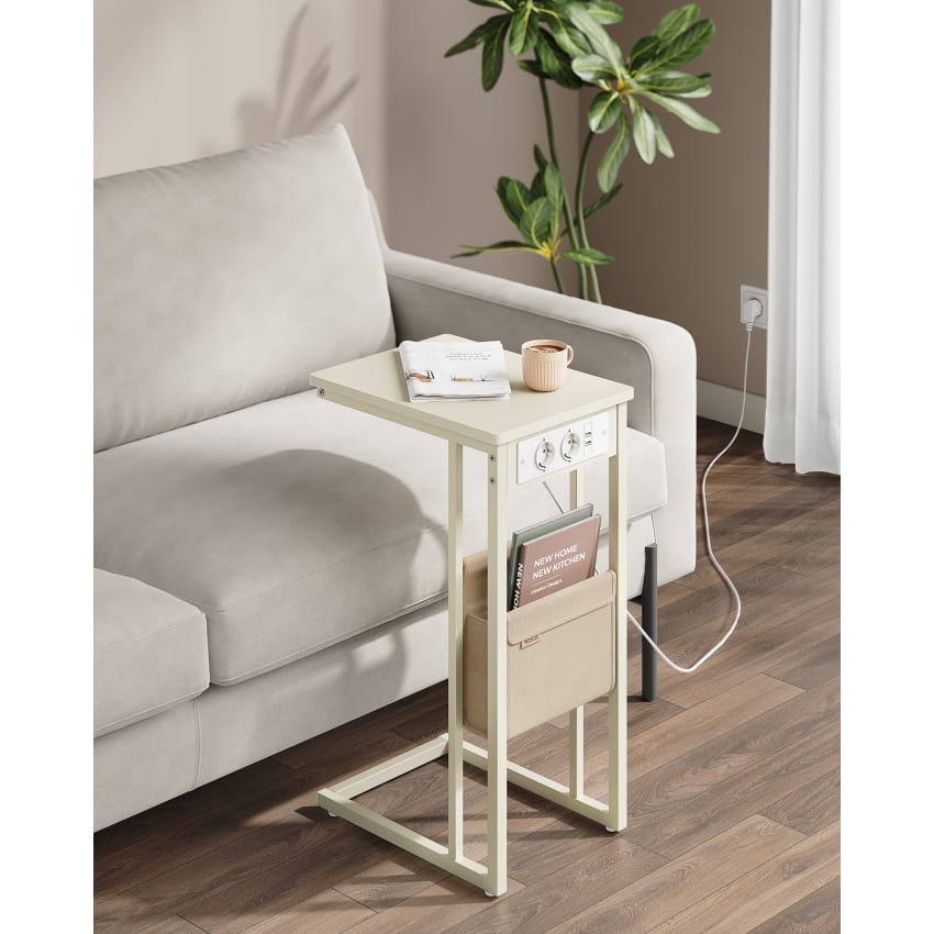 Comodino Bianco Con Stazione Di Ricarica USB E Luci LED RGB - 2 Cassetti In Tessuto - Struttura In Acciaio