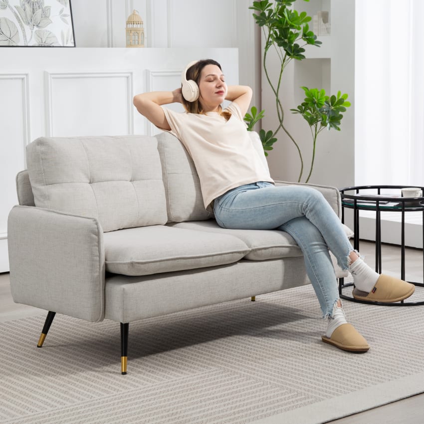 HOMCOM Canapé 3 places avec pouf et coussins en tissu lin gris foncé HOMCOM Canapé 3 places avec pouf et coussins en tissu lin gris foncé