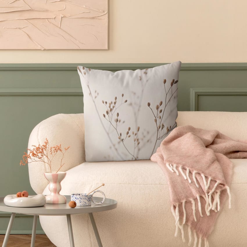 Dekokissen Knospen am Wildblumenzweig aus Polyester, beige 40 x 40 cm