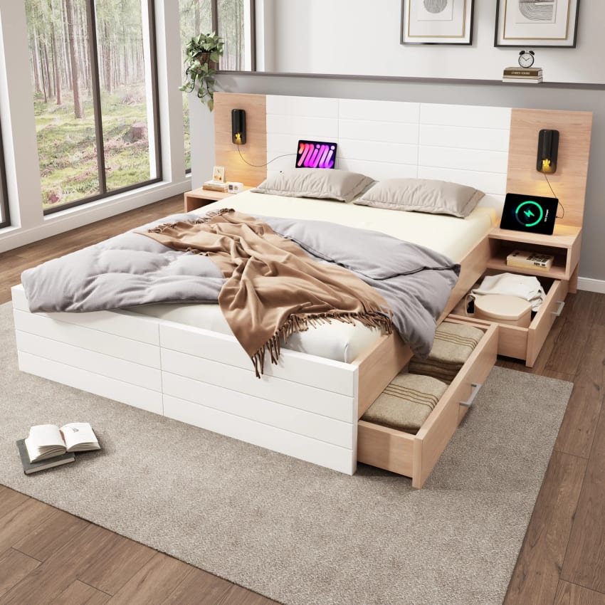 Bett 160x200 mit 2 Schubladen, LED & USB, Holzoptik und Weiß