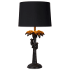 Lámpara de mesa negro con palmera y monos de resina y pantalla de lino