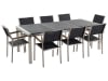 Table acier inox et plateau triple granit avec 8 chaises en textile