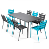Ensemble table de jardin et 8 chaises en métal gris et bleu