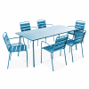 Ensemble table de jardin et 6 fauteuils en métal bleu pacific