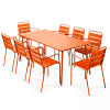 Ensemble table de jardin et 8 fauteuils en métal orange