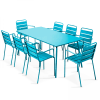 Ensemble table de jardin et 8 fauteuils en métal bleu
