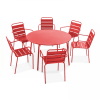 Ensemble table de jardin ronde et 6 fauteuils acier rouge