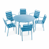 Runder Gartentisch und 6 Sessel aus grauem Metall Blau