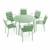 Ensemble table de jardin ronde et 6 fauteuils acier vert cactus