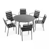 Ensemble table de jardin ronde et 6 fauteuils acier gris