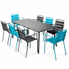Ensemble table de jardin et 8 fauteuils en métal bleu et gris