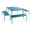 Ensemble table de jardin carrée et 4 bancs en métal bleu pacific