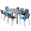 Ensemble table de jardin et 8 fauteuils en métal bleu pacific et gris