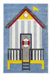 Blauer weicher Kinderteppich mit Strandhaus Motiv 120x170