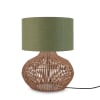 Lampe de table rotin abat-jour lin naturel/vert for√™t, h. 48cm