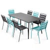 Ensemble table de jardin et 8 chaises en métal gris et turquoise