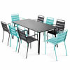 Ensemble table de jardin et 8 fauteuils en métal turquoise et gris