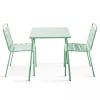 Conjunto mesa de jardín cuadrada y 2 sillas acero verde salvia