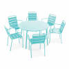 Ensemble table de jardin ronde et 6 fauteuils acier turquoise