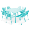 Quadratischer Gartentisch aus Metall mit 8 Stühlen Türkis