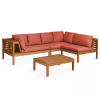 Salon de jardin bas d'angle 2 canapés, 1 fauteuil et une table en bois